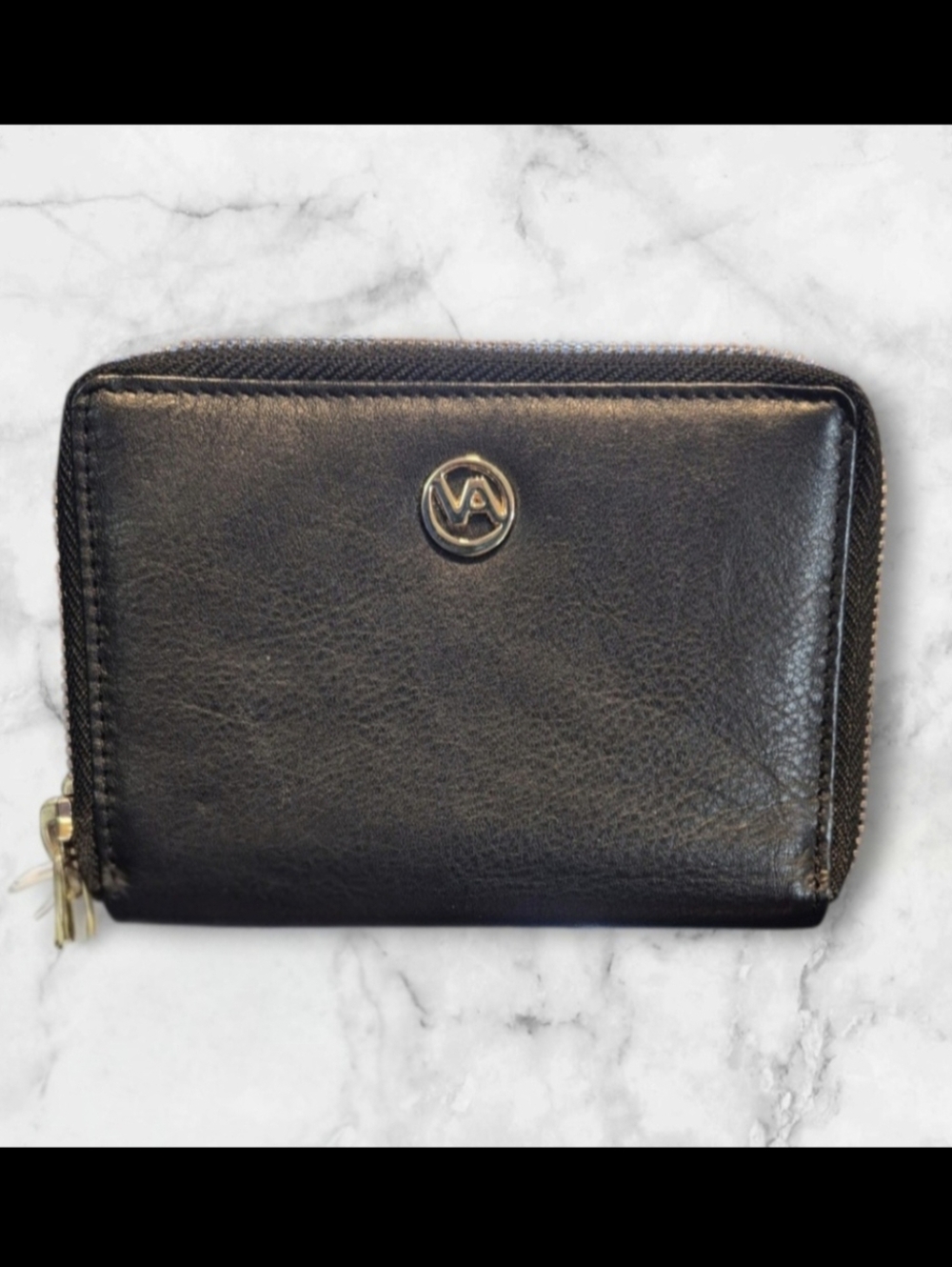 Valentina Black Leather Wallet with Gold Zipper Pulls GUC